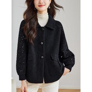 秋装2025年新款流行爆款毛呢外套女款春秋季爆款黑色宽松羊毛开衫