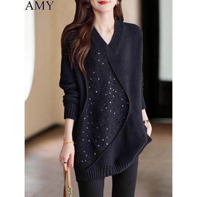 2025冬季新款气质V领中长款黑色毛衣打底遮屁股通勤长袖上衣女厚