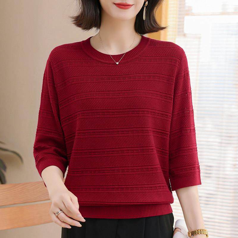 妈妈秋装七分袖针织衫女加大码洋气上衣宽松显瘦打底中年薄款t恤