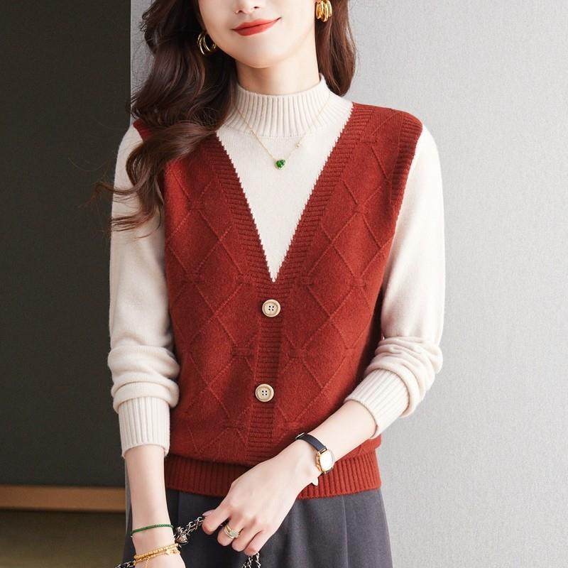 假两件马甲背心女款2024新款秋内搭针织打底衫洋气超好看红色毛衣