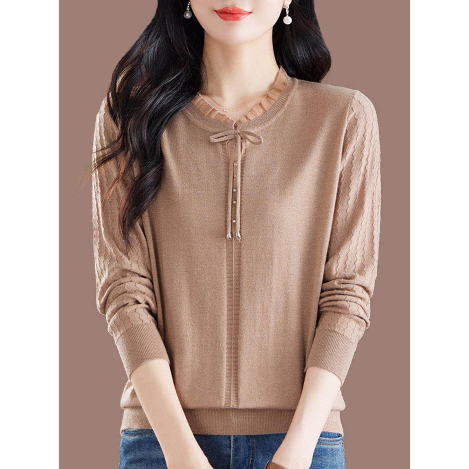 桑蚕丝长袖t恤女春秋洋气减龄漂亮上衣中年妈妈蕾丝针织打底小衫