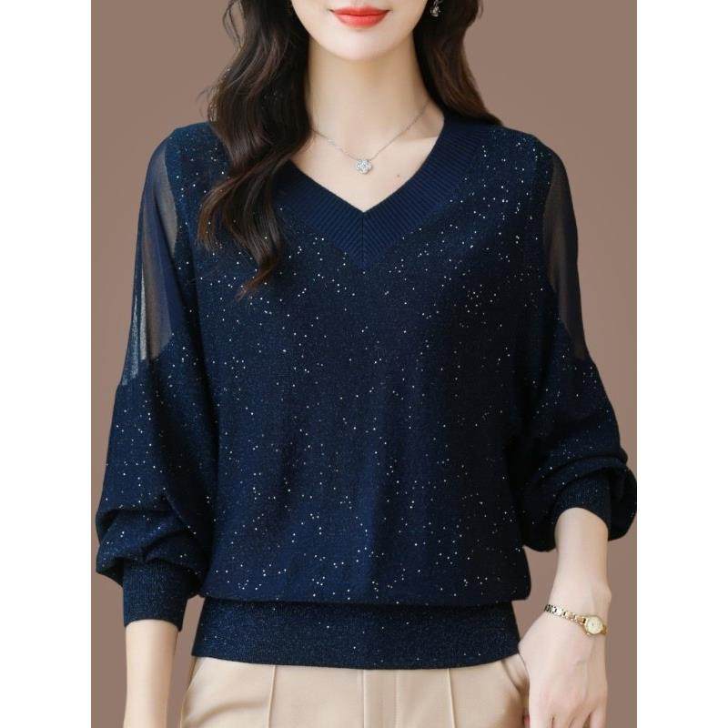 2025春装新款蝙蝠长袖t恤女V领洋气薄款加肥加大码上衣针织打底衫