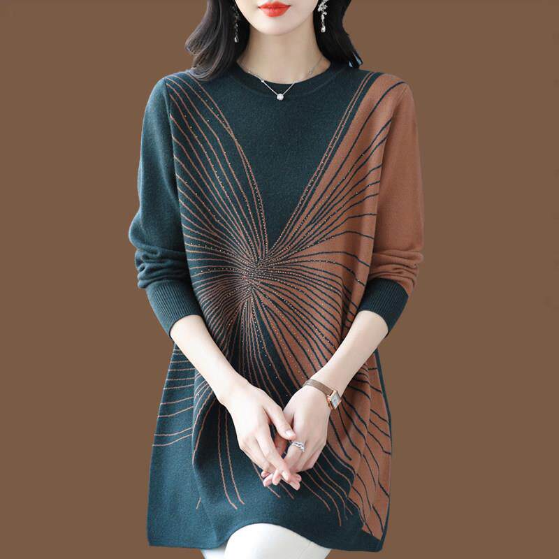 中老年妈妈装镶钻毛衣女中长款打底衫秋冬装宽松大码羊毛衫A字裙