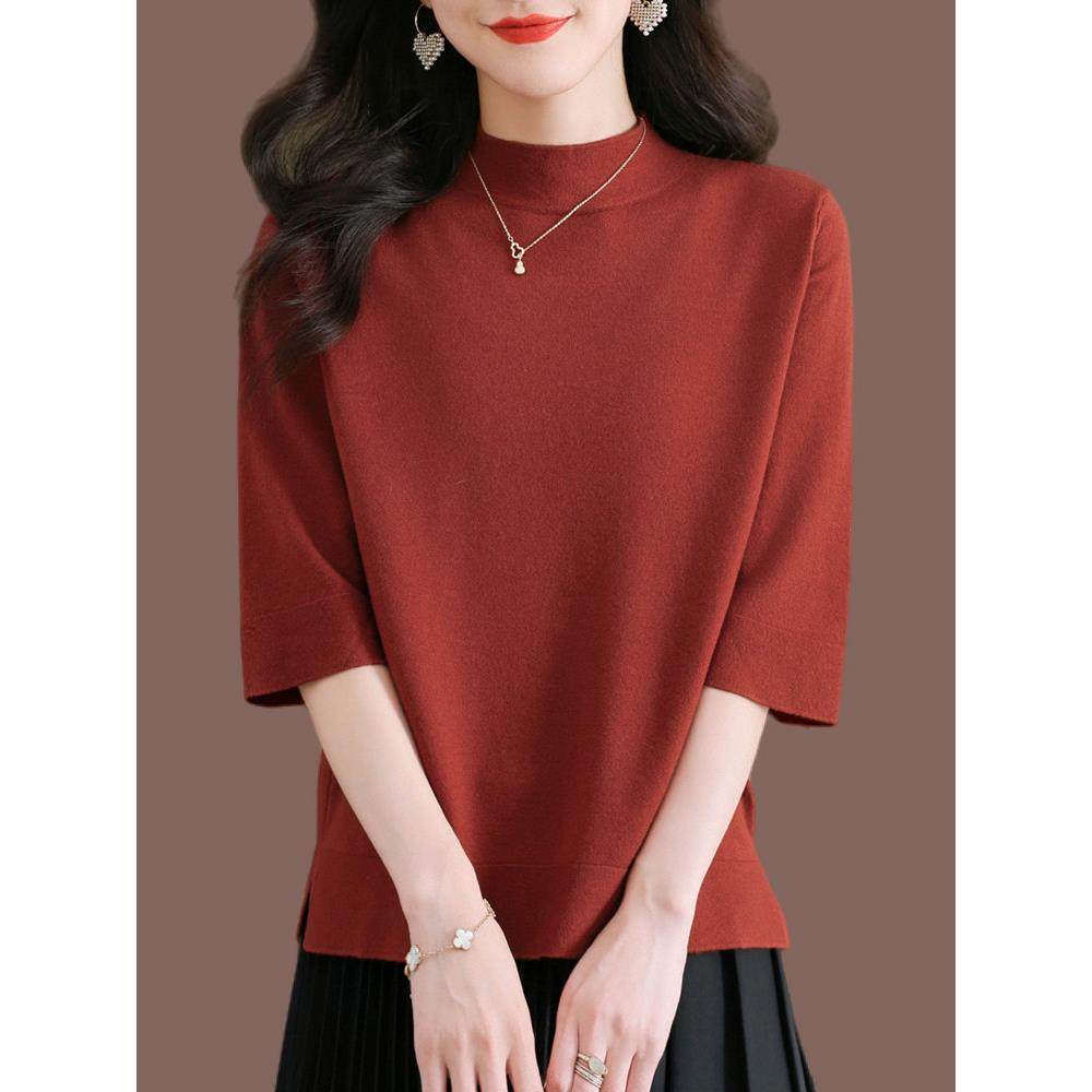 春秋季新款桑蚕丝T恤女宽松上衣打底衫时尚针织冰丝半高领洋气薄