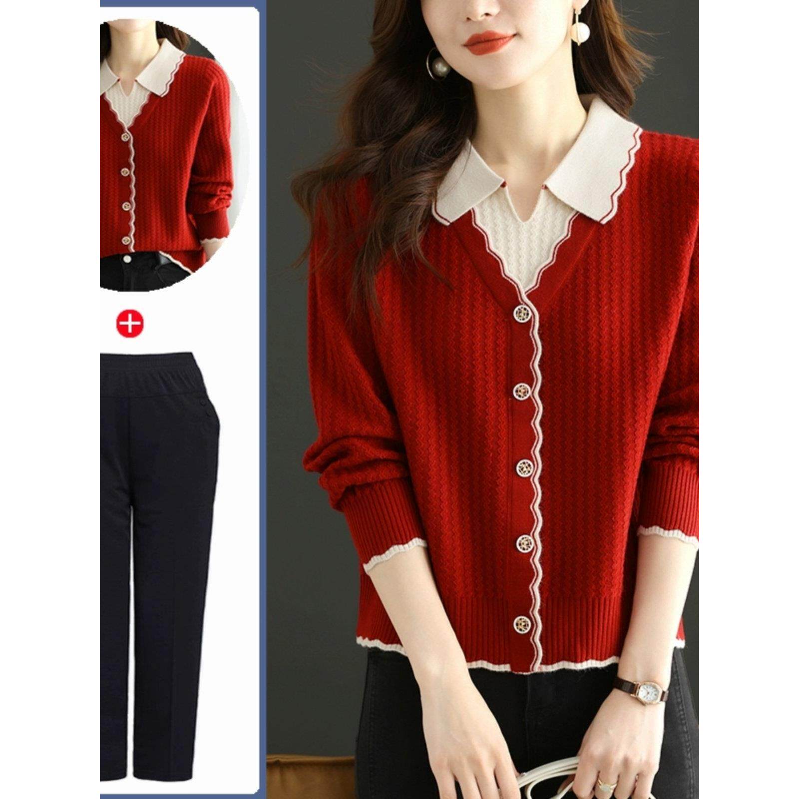妈妈春装毛衣洋气中老年女装内搭打底衫2025新款假两件红色上衣服