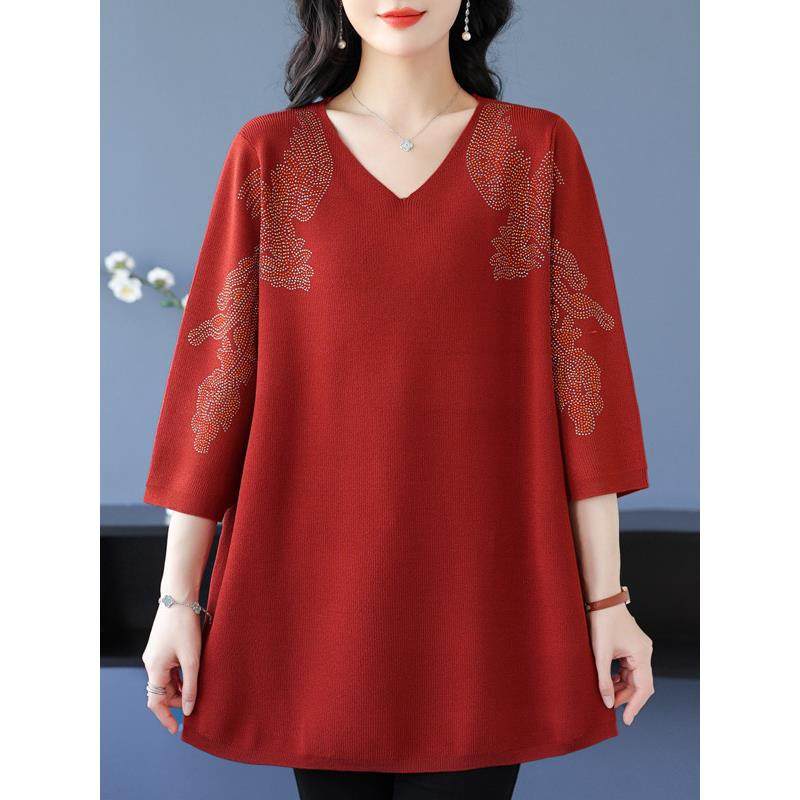 中年妈妈春秋中长款冰丝t恤加肥加大码女装老年宽松遮肚7分袖上衣