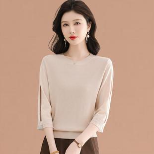 桑蚕丝上衣女春秋薄款七分袖t恤打底小衫大码中袖妈妈冰丝针织衫