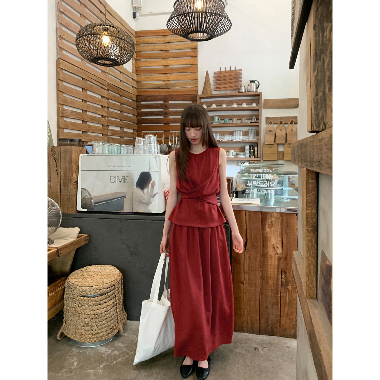 红色绑带背心半身裙套装女夏季感上衣a字长裙两件套
