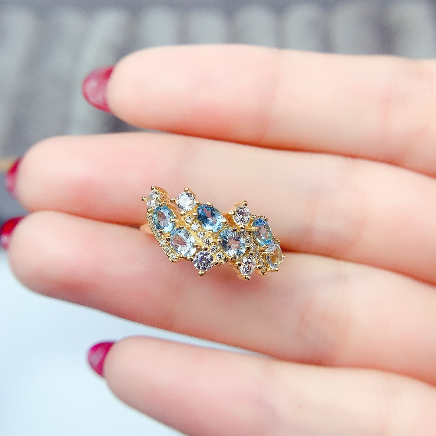 新款925银3x4mm托帕石排戒