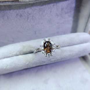 新款925银茶晶戒指椭圆5x7mm百搭时尚轻奢女精致可选空托