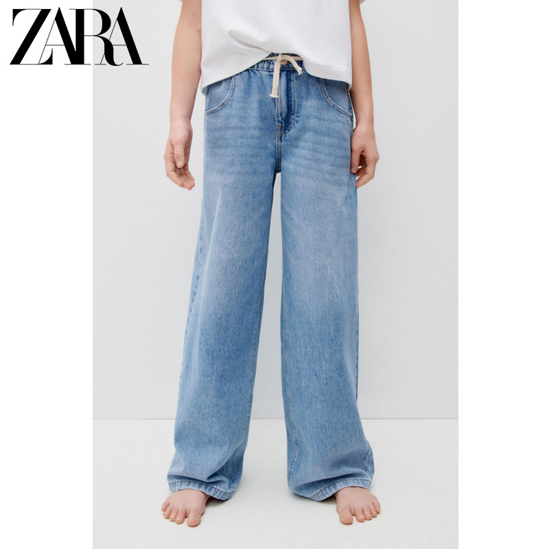 ZARA 24春季新品 童装女童 抽绳休闲阔腿牛仔裤 4441602 400