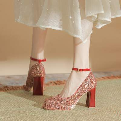 单鞋性感粗跟一字带高跟亮片婚鞋