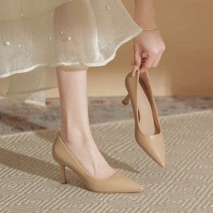艺考裸色高跟鞋女细跟2026新款软皮不累脚礼仪单鞋面试职业工作鞋