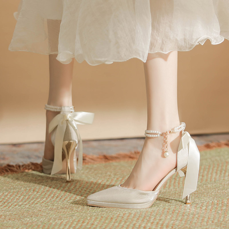 单鞋性感蝴蝶结珍珠高跟鞋细跟