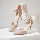 2026年新款 裸色工作百搭尖头细跟高跟鞋 包头凉鞋 中空一字扣带单鞋