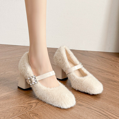 玛丽珍毛毛高跟鞋粗跟水钻单鞋