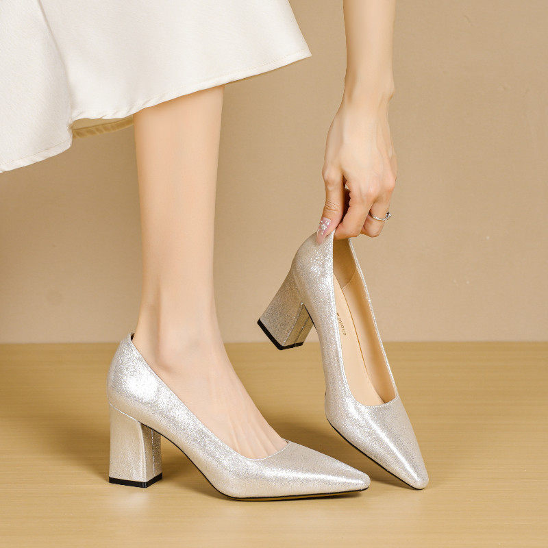 粗跟不累脚尖头职业单鞋女2026新款气质百搭中跟配裙子银色高跟鞋