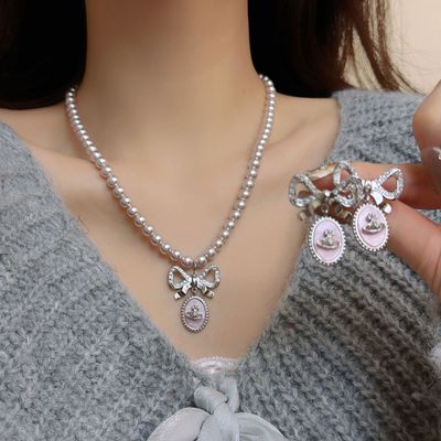 微镶蝴蝶结粉色圆牌土星耳环项链女淑女复古巴洛克宫廷风耳饰颈链