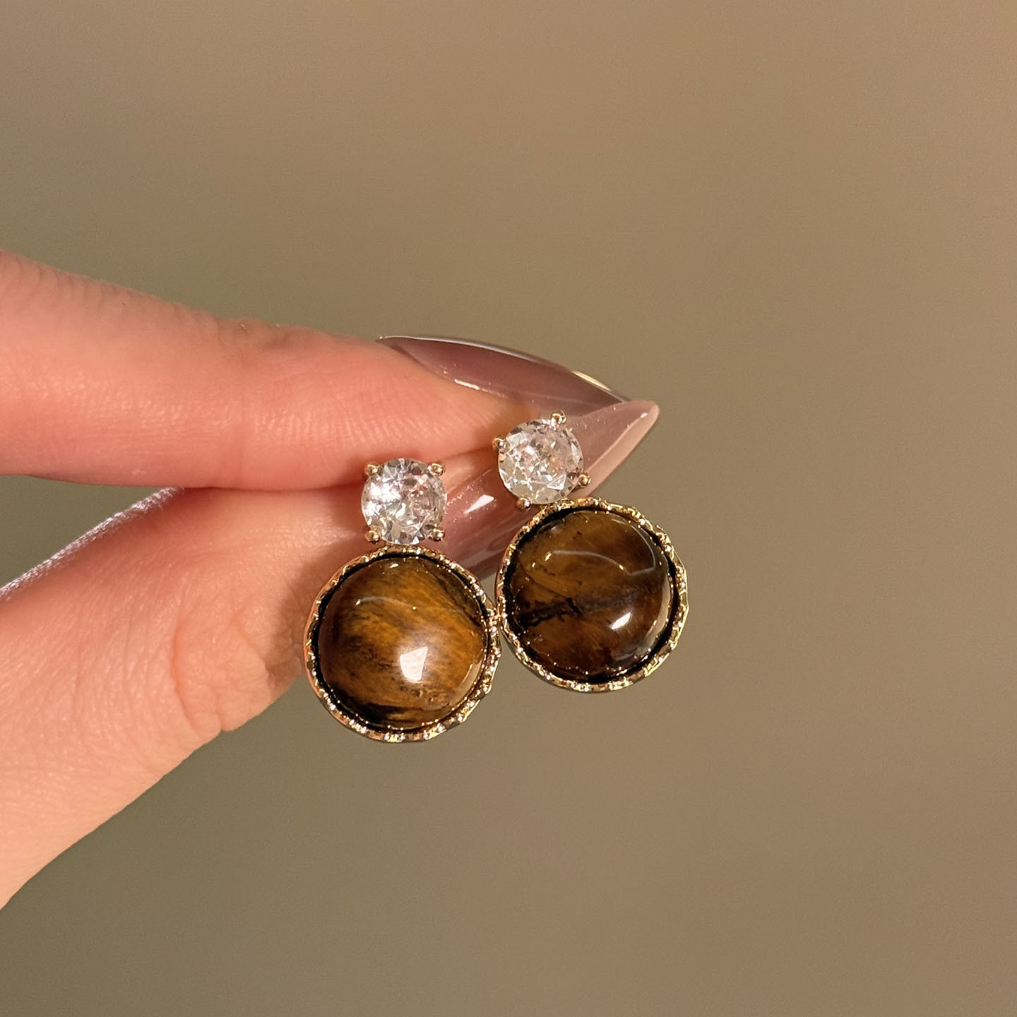 S925银针锆石虎眼石耳钉美拉德复古气质耳环轻奢小众耳饰女潮