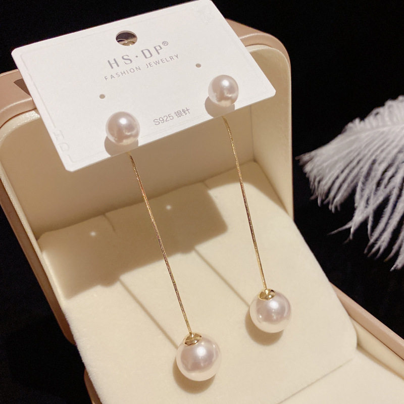 S925银针长款珍珠流苏两戴后挂式耳环女个性时尚港风显瘦高级耳饰