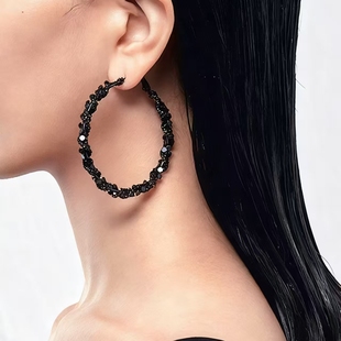 S925银针不规则黑色碎钻大耳圈暗黑风荆棘绕丝水晶耳环大圆环耳饰