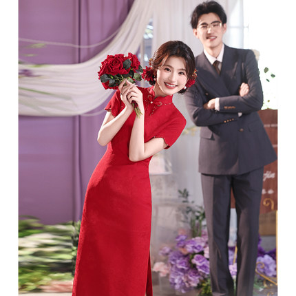 酒红色敬酒服新娘新中式旗袍订婚礼服连衣裙小个子平时可穿回门服