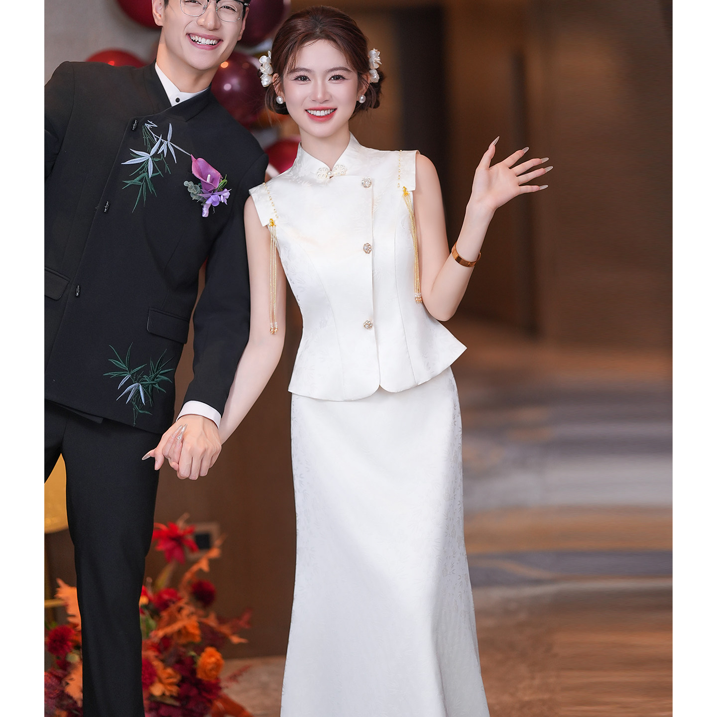 流苏晚礼服女新中式旗袍两件套订婚礼服裙香槟色日常可穿回门便装