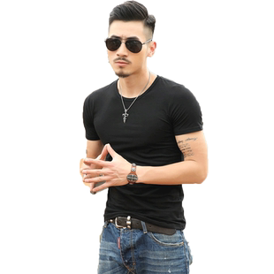 夏季纯色紧身短袖男黑色弹力修身t恤男内搭打底衫运动半袖体恤男