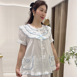 欣琦丝梭织纯棉纱布小圆点家居服套装 舒适甜美睡衣 女夏薄短袖 短裤