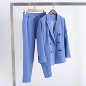 女西装 天蓝色职业装 春秋季 外套女通勤双排扣西服 停产清仓