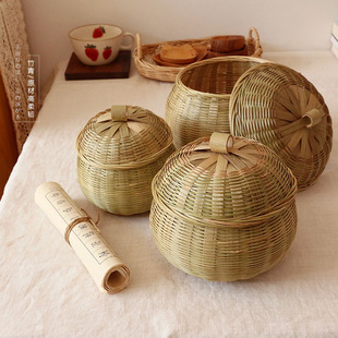 竹青篓丨自然原态田园耐用书房杂物收纳带盖圆形竹篓可水洗圆筐子