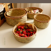 人气竹子手工编客餐厅杂物桌面装 藤口 竹 饰收纳筐子高矮圆形篓