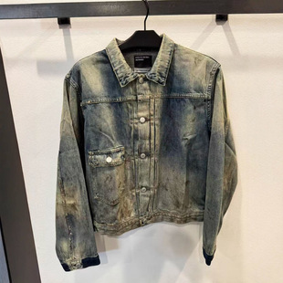 ERD GFKC忧郁的富二代巴恩风褶皱细节做旧单排扣男女夹克牛仔外套