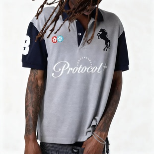 GRAILZ CRAZY美式潮牌战马刺绣徽章拼接polo领男生宽松休闲短袖
