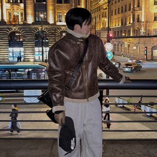 宽松保暖加厚棉服韩系通勤穿 冬季 VIBE ACW羊羔毛翻领pu皮棉衣男士