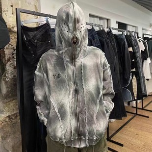 THUG CLUB重磅做旧迷彩扎染脏染连帽拉链鲨鱼蒙面卫衣短款外套潮