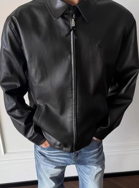 VIBE ACW潮牌美式秋冬pu皮刺绣哈灵顿硬汉西部做旧翻领皮衣夹克男
