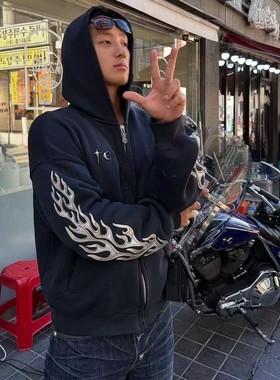 2026年新款Thug club星月火焰设计水洗破坏拉链冬连帽卫衣男外套