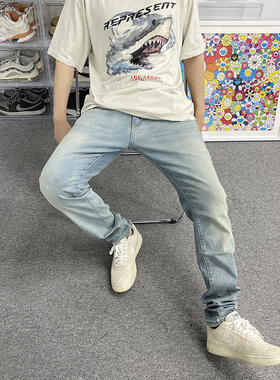 FOG REPRESENT REP基础浅蓝色水洗做旧高街男士直筒牛仔长裤子潮