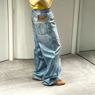 复古街头潮牌宽松阔腿直筒休 男款 KANYE GFKTC打印双腰拼接牛仔裤