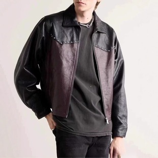 ERD GFKC忧郁的富二代黑红拼接铆钉油蜡发泡西部皮衣夹克外套潮