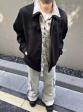 VIBE ACW黑色花里假两件呢料翻领设计感拉链夹克cleanfit休闲外套