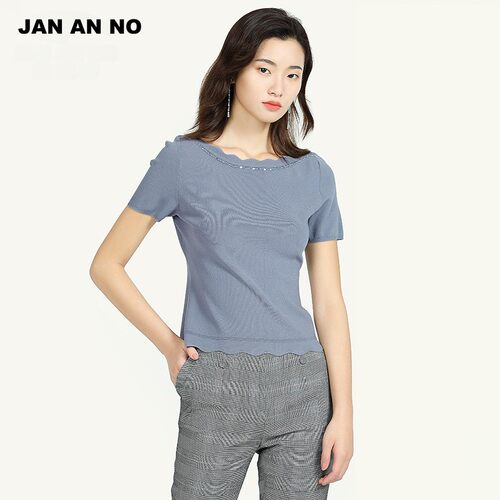 JAN AN NO简爱诺专柜春夏新款优雅花瓣领修身短袖毛衫J2010061MS
