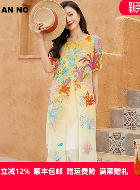 JAN AN NO简爱诺夏新品圆领真丝短袖印花宽松连衣裙J2210163LQ