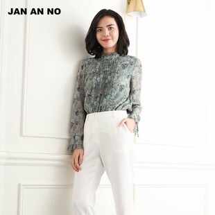 花色压褶立领衬衫 JAN NO简爱诺春季 气质印花上衣J920035SY 长袖