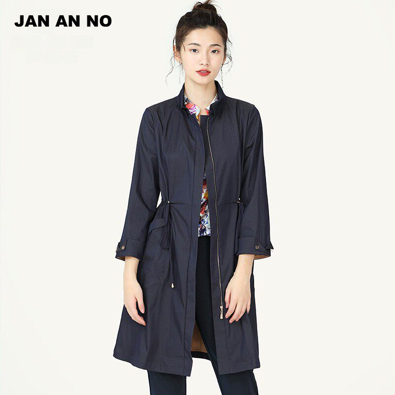 JAN AN NO简爱诺宽松立领抽绳收腰中长款风衣外套女春秋J920069FY