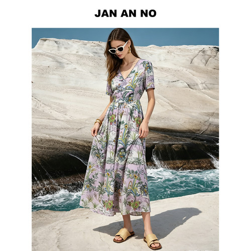 JAN AN NO 简爱诺法式气质长款花色短袖连衣裙夏季新款J2610177LQ