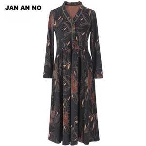 JAN AN NO 简爱诺复古优雅印花V领连衣裙女士秋冬新款J2160224LQ