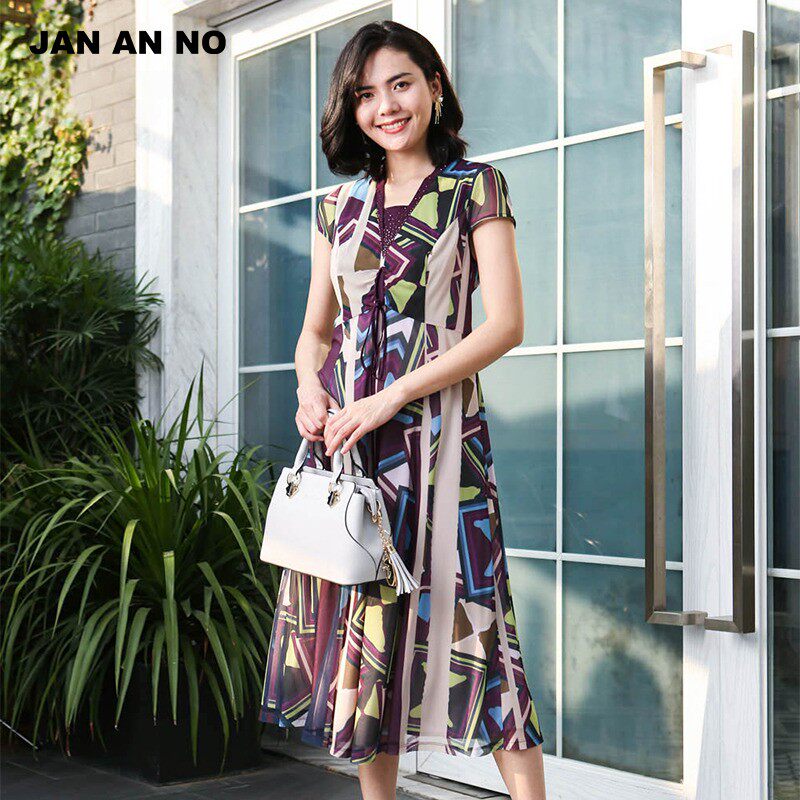 JAN AN NO简爱诺夏季弹力舒适短袖裙子气质显瘦连衣裙J920012LQ