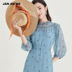 简爱诺法式气质桑蚕丝印花长裙七分袖气质连衣裙夏女士J2110077LQ